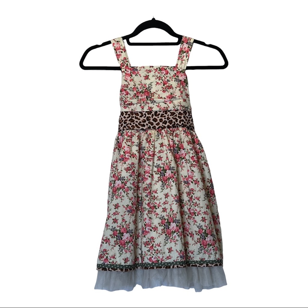 VINTAGE COUTURE Boutique Ivory Pink Green Floral Dress Tulle Leopard Sz 7